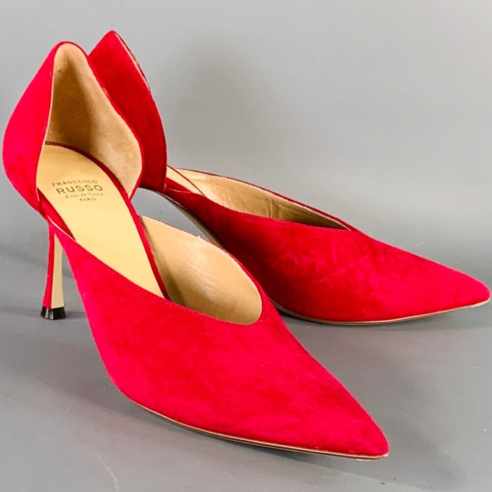 FRANCESCO RUSSO Size 7 Red Suede Pointed Toe D'Orsay Pumps